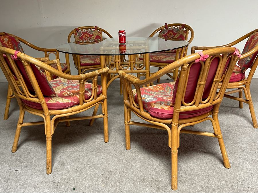 Vintage Bamboo / Rattan Dining Table 48R X 28H With Six Armchairs [Photo 5]
