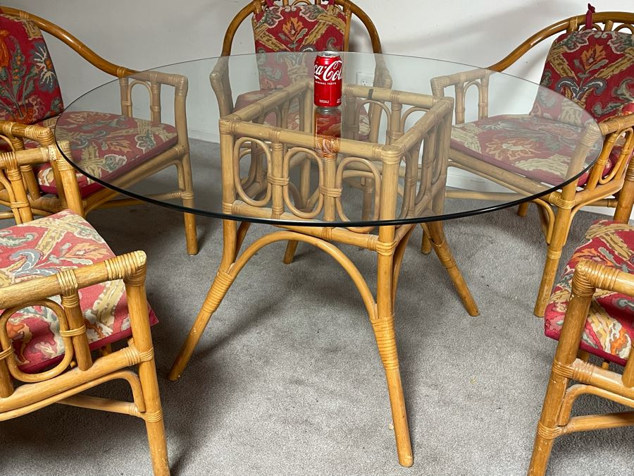 Vintage Bamboo / Rattan Dining Table 48R X 28H With Six Armchairs [Photo 12]