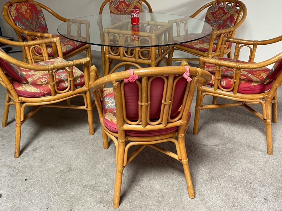 Vintage Bamboo / Rattan Dining Table 48R X 28H With Six Armchairs [Photo 7]