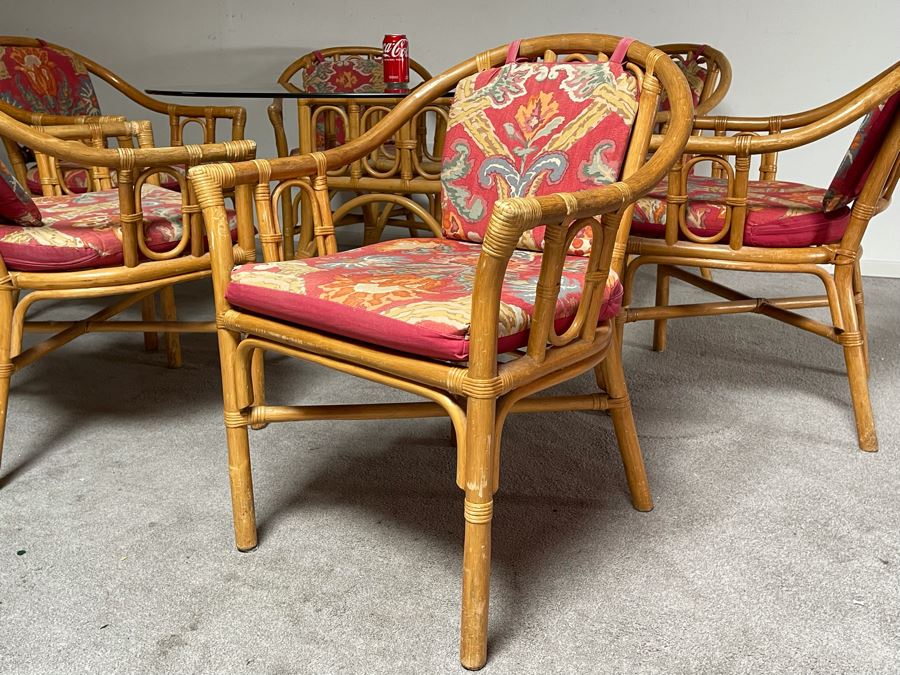 Vintage Bamboo / Rattan Dining Table 48R X 28H With Six Armchairs [Photo 9]
