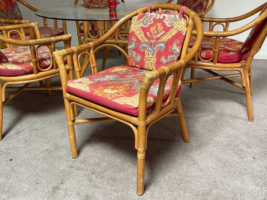 Vintage Bamboo / Rattan Dining Table 48R X 28H With Six Armchairs [Photo 10]