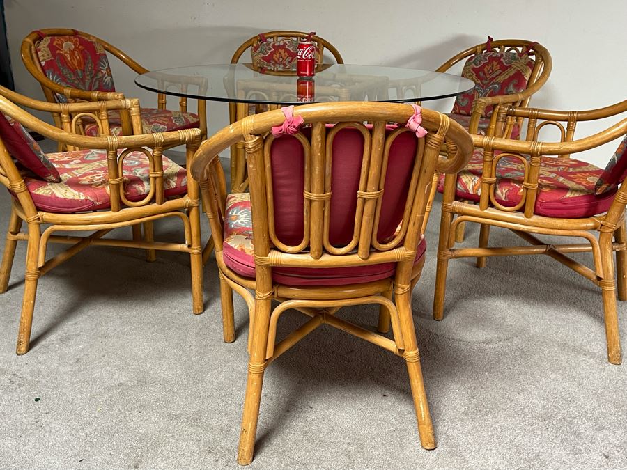 Vintage Bamboo / Rattan Dining Table 48R X 28H With Six Armchairs [Photo 6]