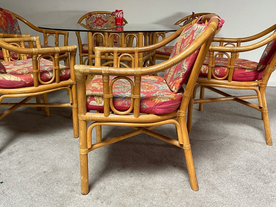 Vintage Bamboo / Rattan Dining Table 48R X 28H With Six Armchairs [Photo 8]