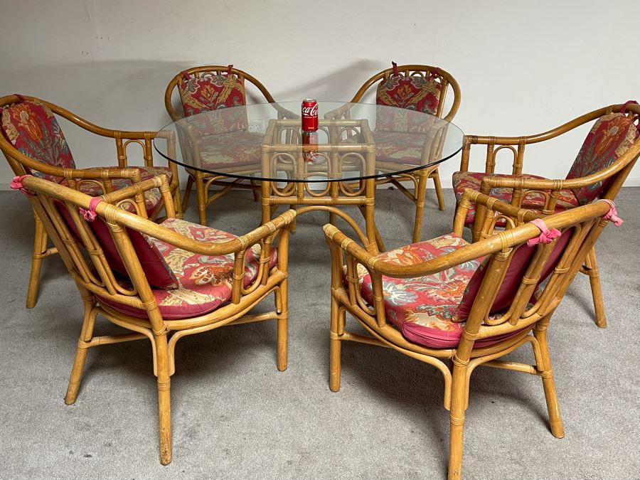 Vintage Bamboo / Rattan Dining Table 48R X 28H With Six Armchairs