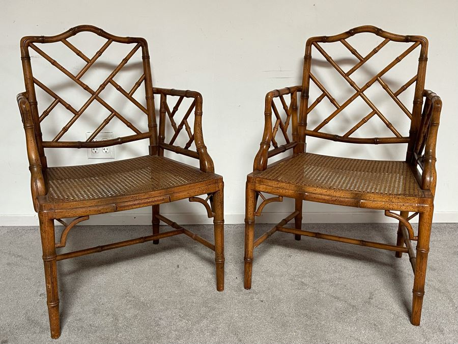 Pair Of Hollywood Regency Bamboo Motif Cane Seat Armchairs With Cushions 22W [Photo 2]