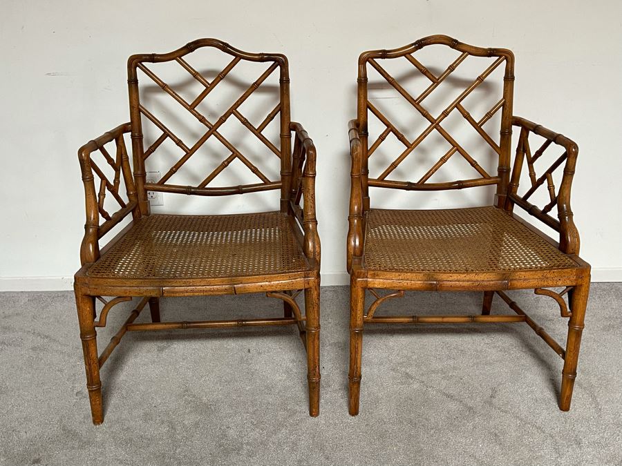 Pair Of Hollywood Regency Bamboo Motif Cane Seat Armchairs With Cushions 22W [Photo 4]