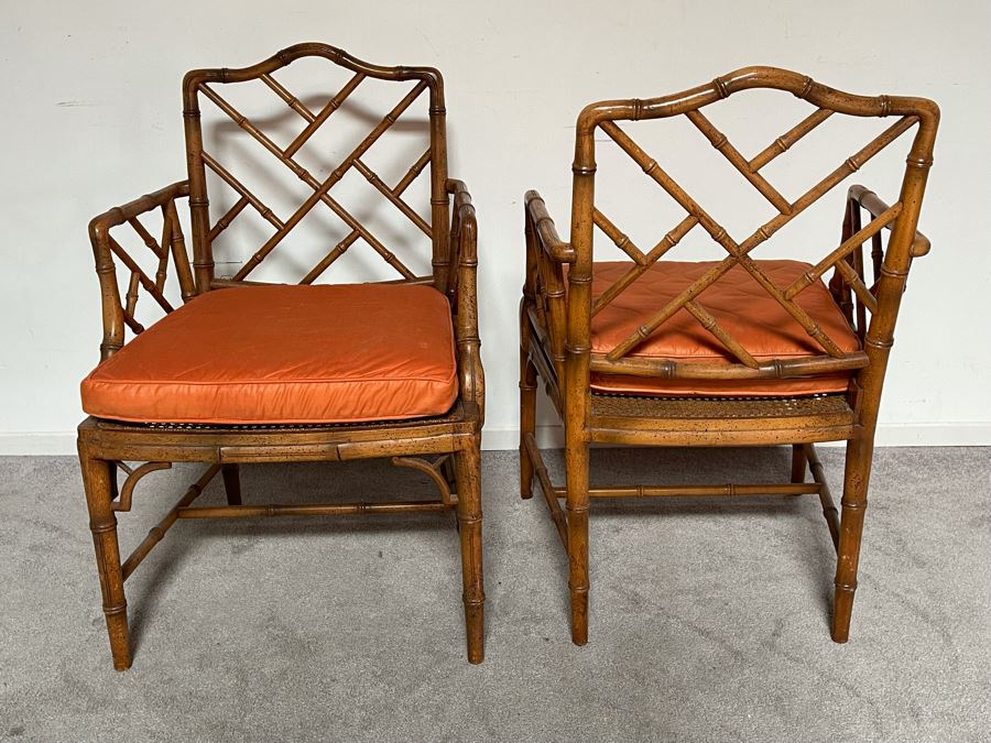 Pair Of Hollywood Regency Bamboo Motif Cane Seat Armchairs With Cushions 22W [Photo 8]