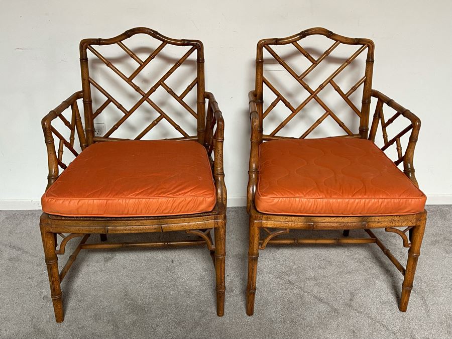 Pair Of Hollywood Regency Bamboo Motif Cane Seat Armchairs With Cushions 22W [Photo 6]