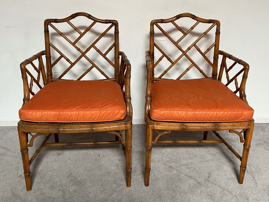 Pair Of Hollywood Regency Bamboo Motif Cane Seat Armchairs With Cushions 22W [Photo 7]