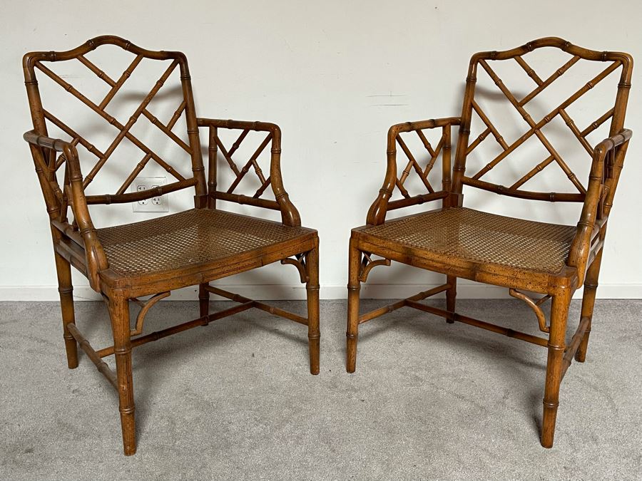 Pair Of Hollywood Regency Bamboo Motif Cane Seat Armchairs With Cushions 22W