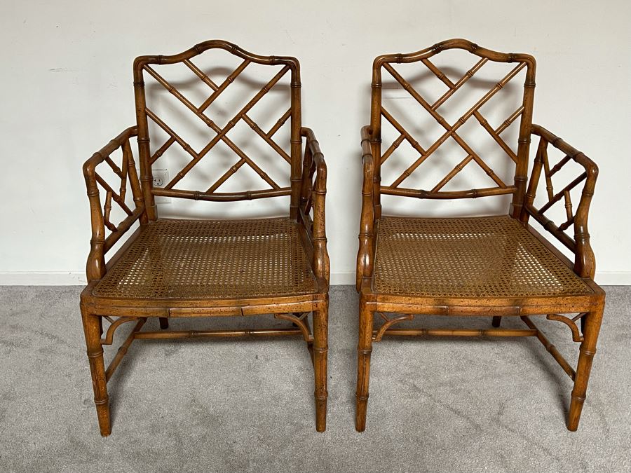 Pair Of Hollywood Regency Bamboo Motif Cane Seat Armchairs With Cushions 22W [Photo 5]