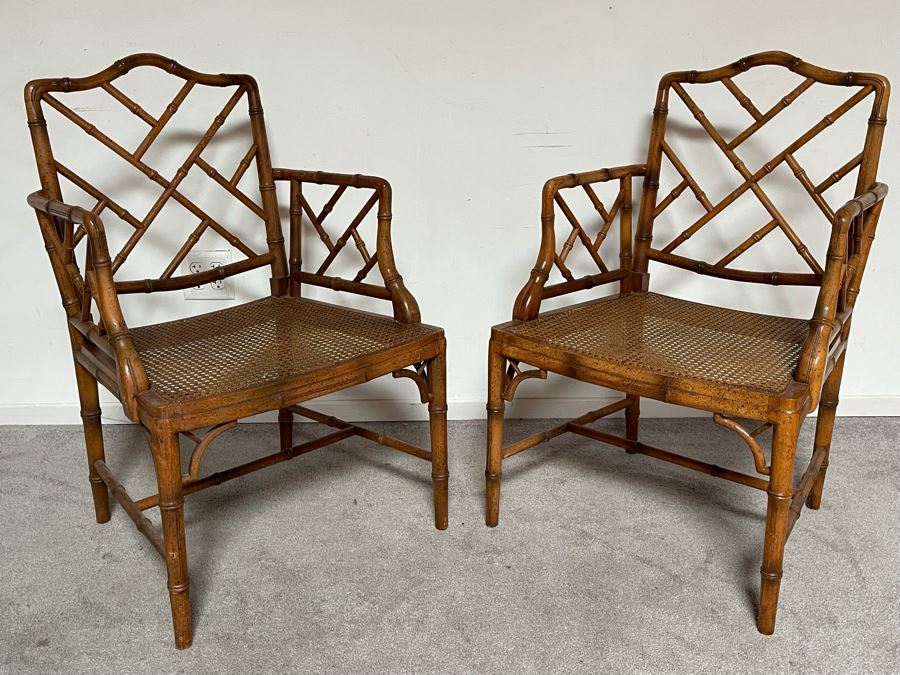 Pair Of Hollywood Regency Bamboo Motif Cane Seat Armchairs With Cushions 22W [Photo 3]