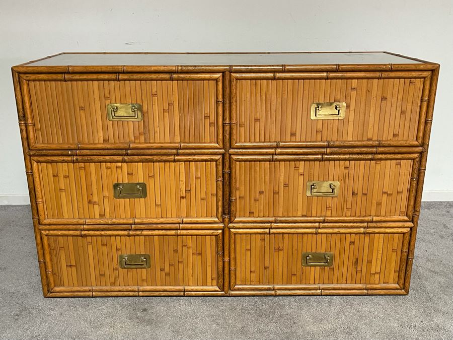 Vintage Hollywood Regency Bamboo Motif Wooden Chest Of Drawers Dresser With Glass Top 48W X 18D X 31H [Photo 1]