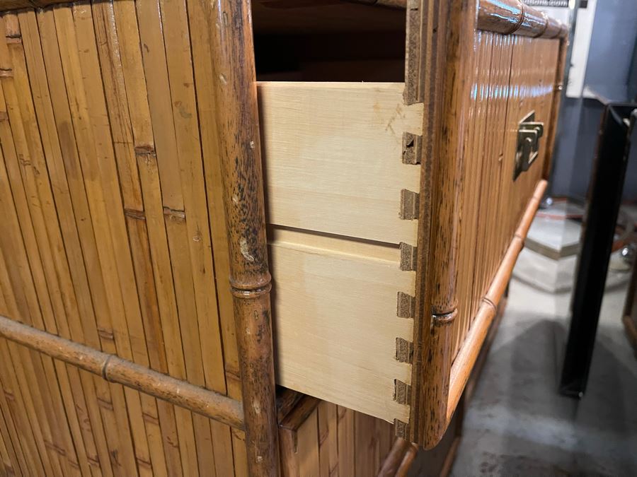 Vintage Hollywood Regency Bamboo Motif Wooden Chest Of Drawers Dresser With Glass Top 48W X 18D X 31H [Photo 13]