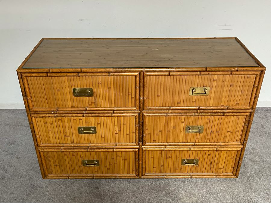 Vintage Hollywood Regency Bamboo Motif Wooden Chest Of Drawers Dresser With Glass Top 48W X 18D X 31H [Photo 4]