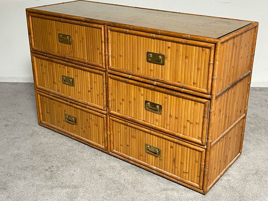 Vintage Hollywood Regency Bamboo Motif Wooden Chest Of Drawers Dresser With Glass Top 48W X 18D X 31H [Photo 6]