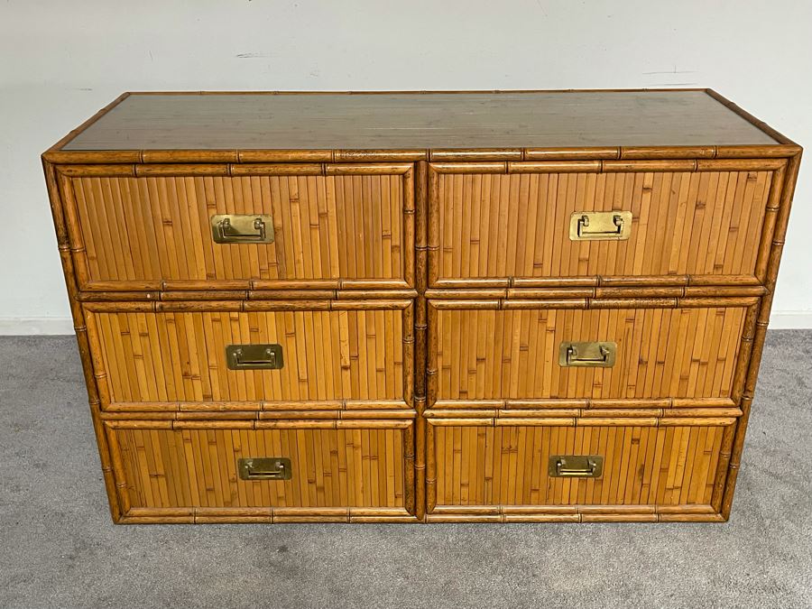 Vintage Hollywood Regency Bamboo Motif Wooden Chest Of Drawers Dresser With Glass Top 48W X 18D X 31H [Photo 3]
