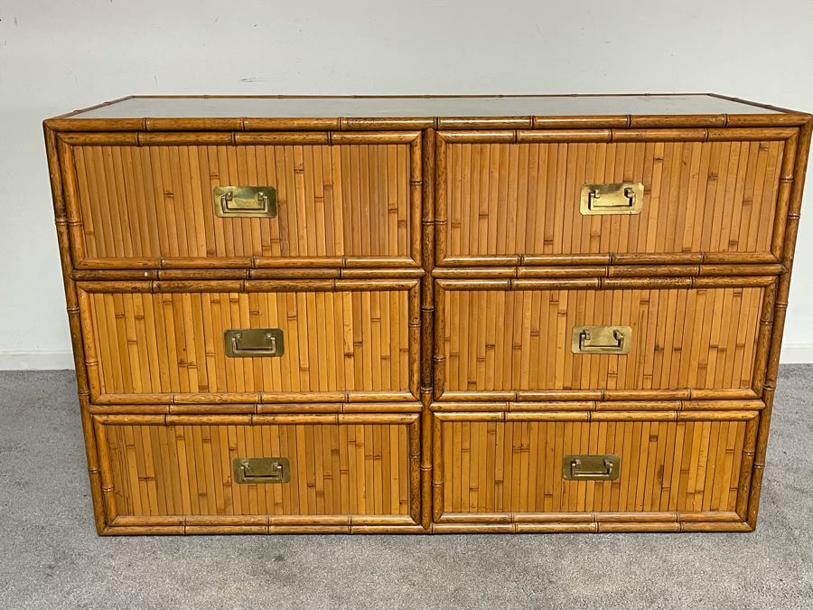 Vintage Hollywood Regency Bamboo Motif Wooden Chest Of Drawers Dresser With Glass Top 48W X 18D X 31H [Photo 2]
