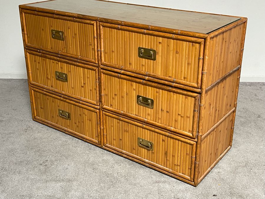 Vintage Hollywood Regency Bamboo Motif Wooden Chest Of Drawers Dresser With Glass Top 48W X 18D X 31H [Photo 7]