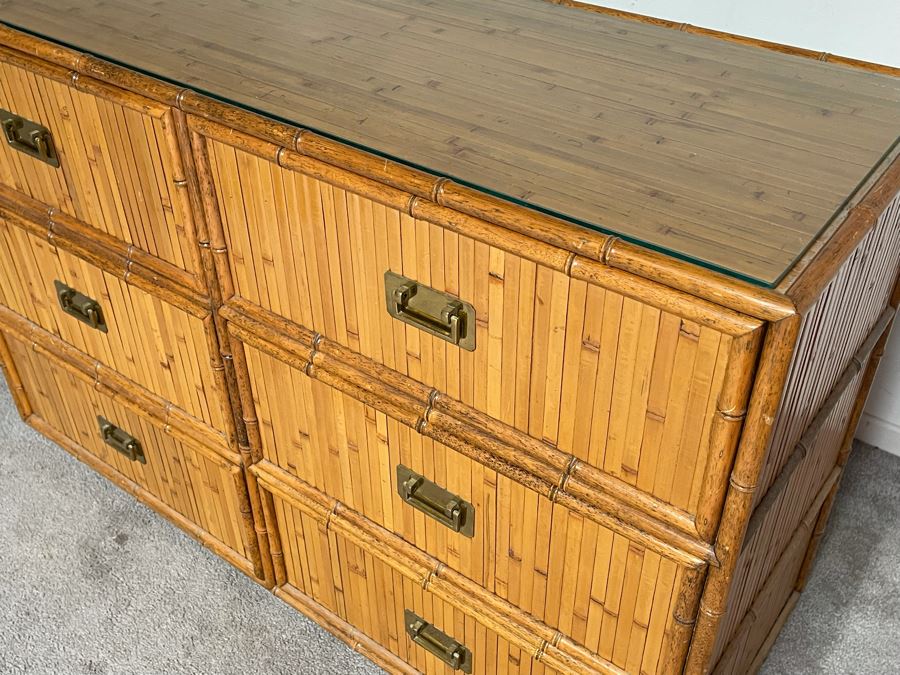 Vintage Hollywood Regency Bamboo Motif Wooden Chest Of Drawers Dresser With Glass Top 48W X 18D X 31H [Photo 5]