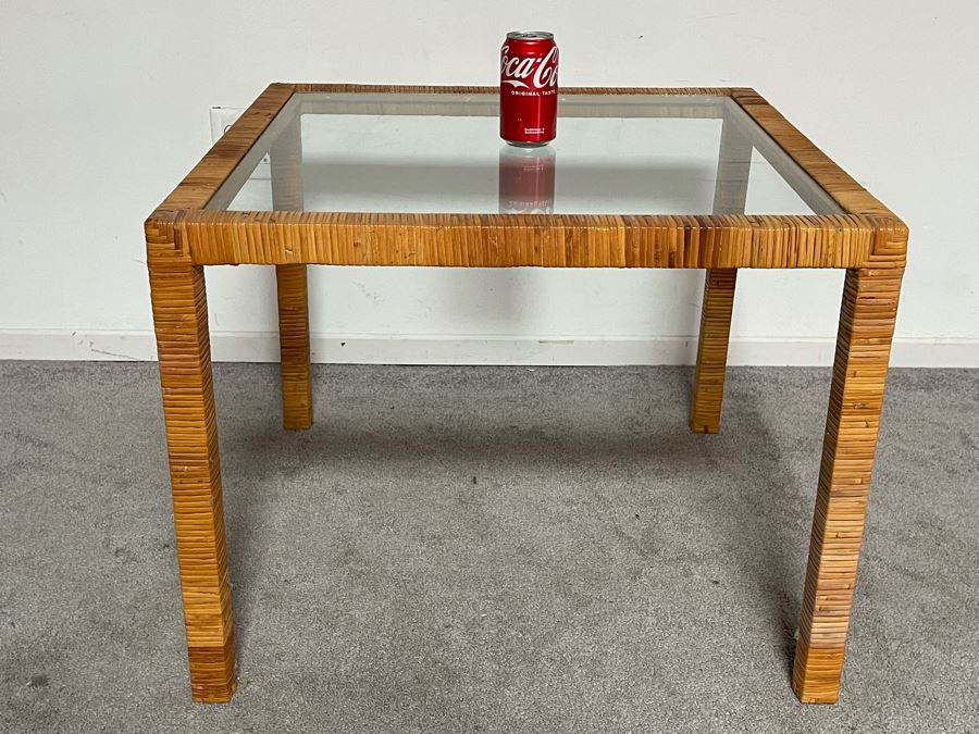 Vintage Rattan Glass Top Side Table 27W X 27D X 21H [Photo 3]