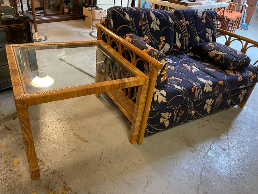 Vintage Rattan Glass Top Side Table 27W X 27D X 21H [Photo 7]