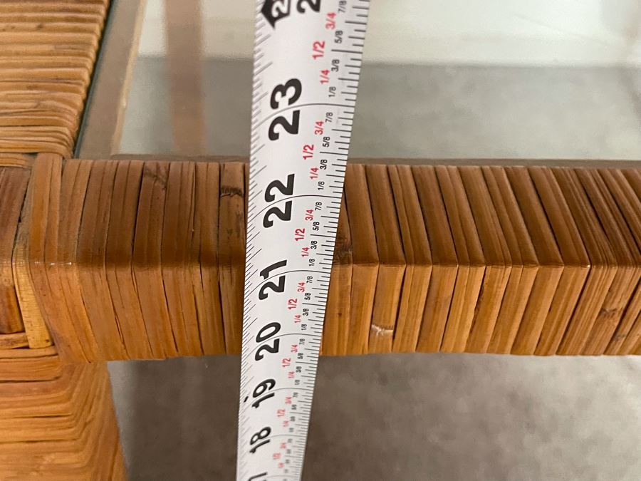 Vintage Rattan Glass Top Side Table 27W X 27D X 21H [Photo 6]