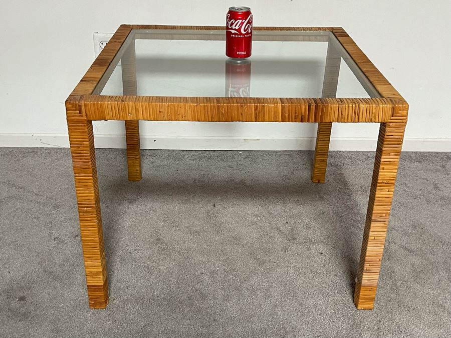 Vintage Rattan Glass Top Side Table 27W X 27D X 21H [Photo 2]