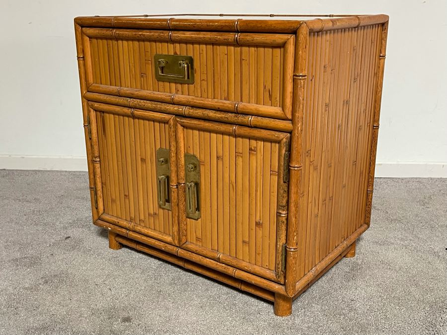 Vintage Hollywood Regency Side Table Cabinet With Glass Top 22W X 15D X 22H [Photo 3]