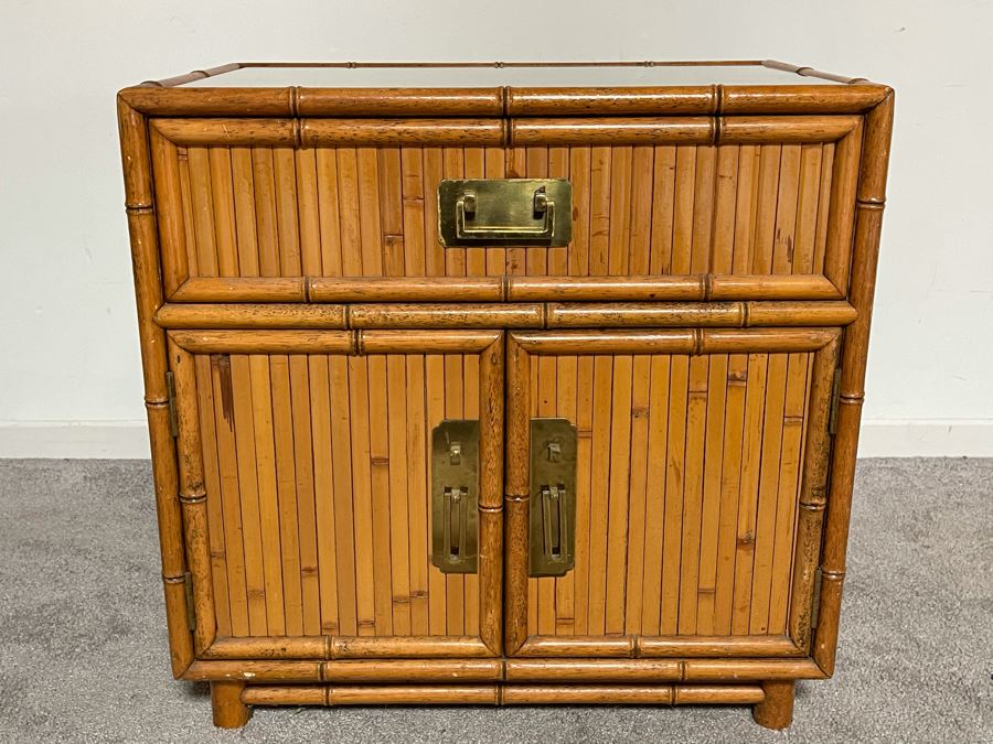 Vintage Hollywood Regency Side Table Cabinet With Glass Top 22W X 15D X 22H [Photo 2]