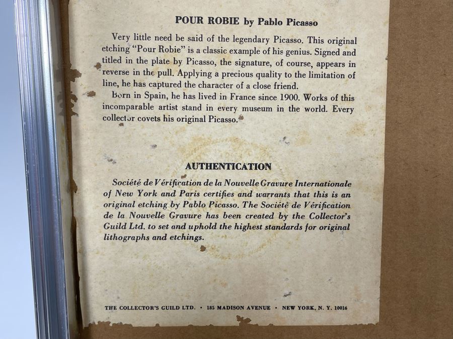 Original Pablo Picasso Etching Titled 'Pour Robie' With Certificate Of Authentication Affixed To The Back Of Frame 7.5W X 9.5H Framed 11 X 14 [Photo 11]