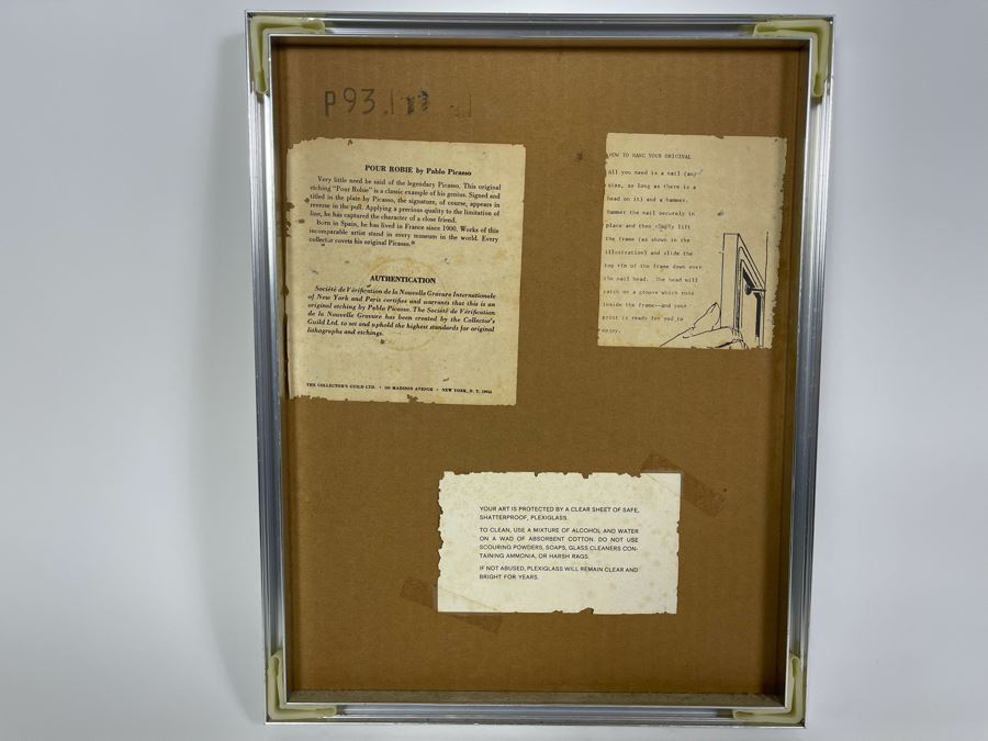 Original Pablo Picasso Etching Titled 'Pour Robie' With Certificate Of Authentication Affixed To The Back Of Frame 7.5W X 9.5H Framed 11 X 14 [Photo 10]