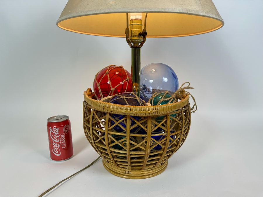 Vintage Rattan Basket Table Lamp Filled With Glass Fishing Floats 24H [Photo 7]