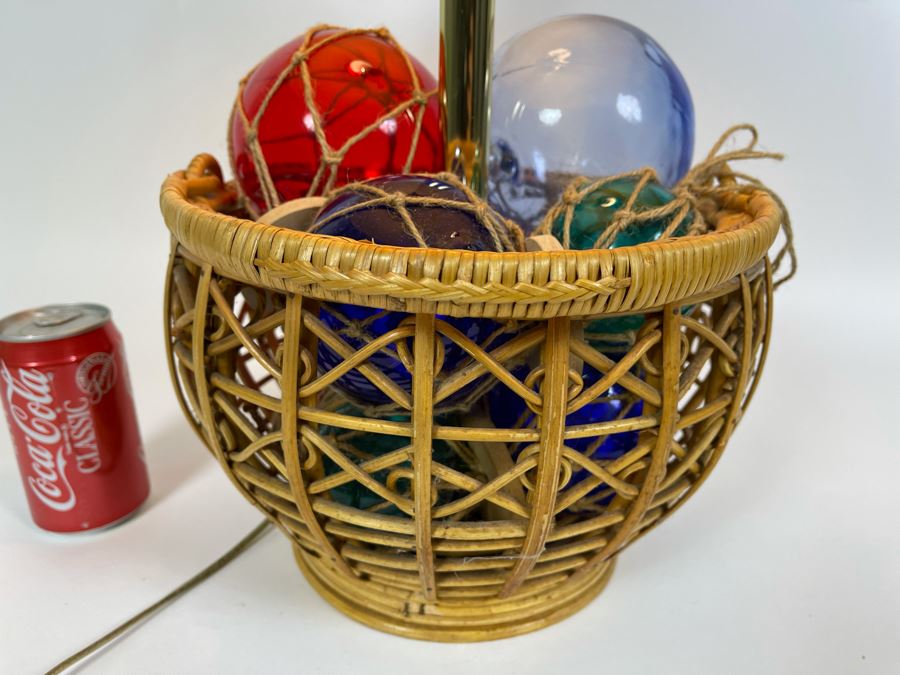 Vintage Rattan Basket Table Lamp Filled With Glass Fishing Floats 24H [Photo 8]