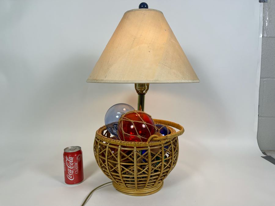 Vintage Rattan Basket Table Lamp Filled With Glass Fishing Floats 24H [Photo 3]