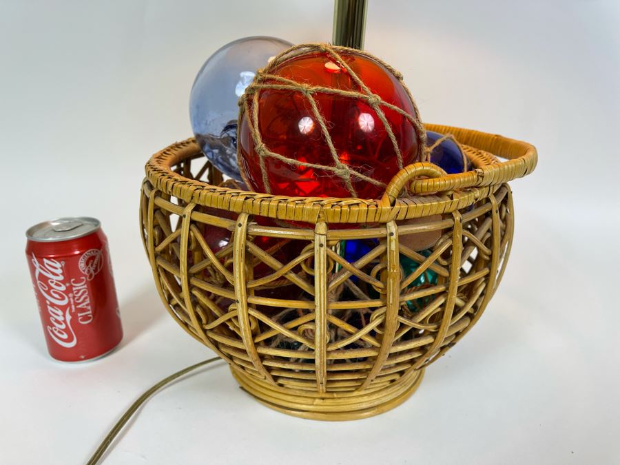 Vintage Rattan Basket Table Lamp Filled With Glass Fishing Floats 24H [Photo 2]