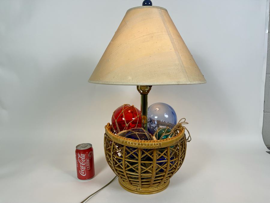 Vintage Rattan Basket Table Lamp Filled With Glass Fishing Floats 24H [Photo 4]