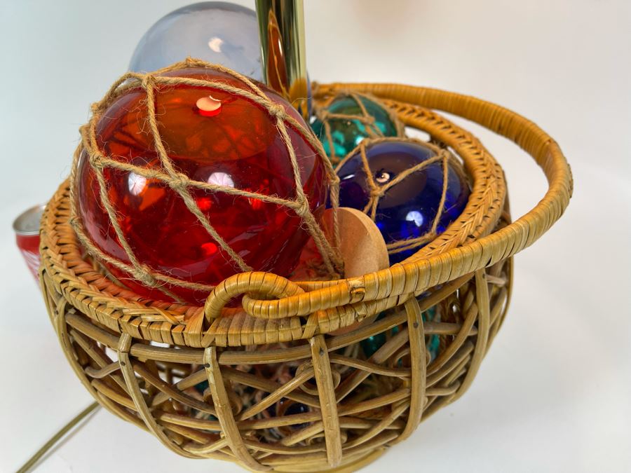 Vintage Rattan Basket Table Lamp Filled With Glass Fishing Floats 24H [Photo 5]