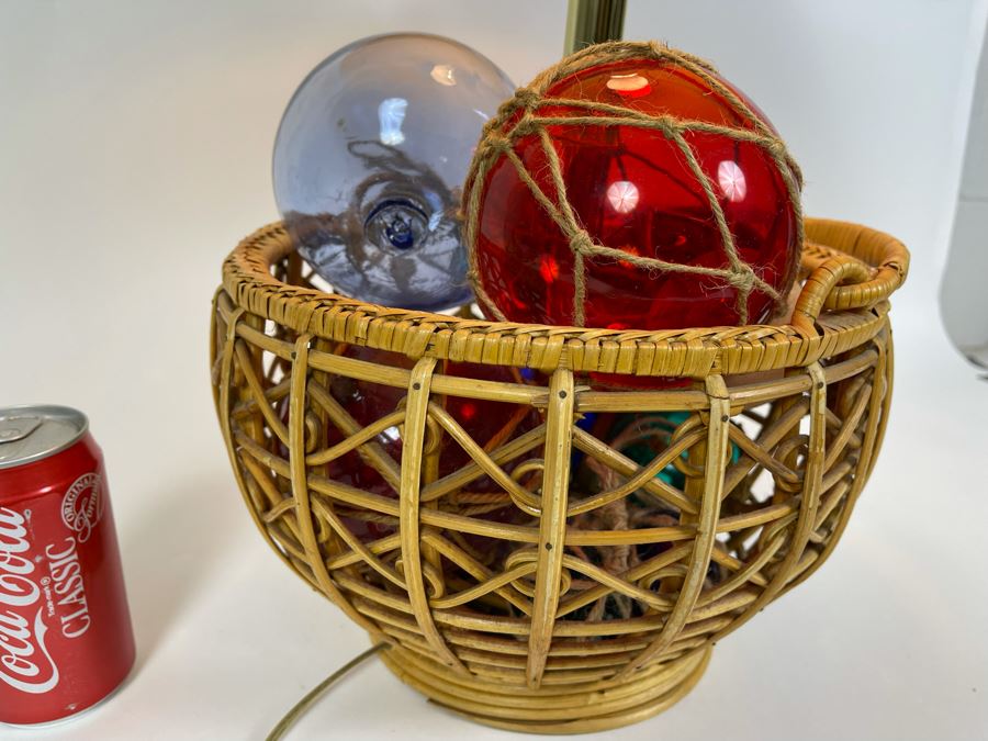 Vintage Rattan Basket Table Lamp Filled With Glass Fishing Floats 24H [Photo 6]