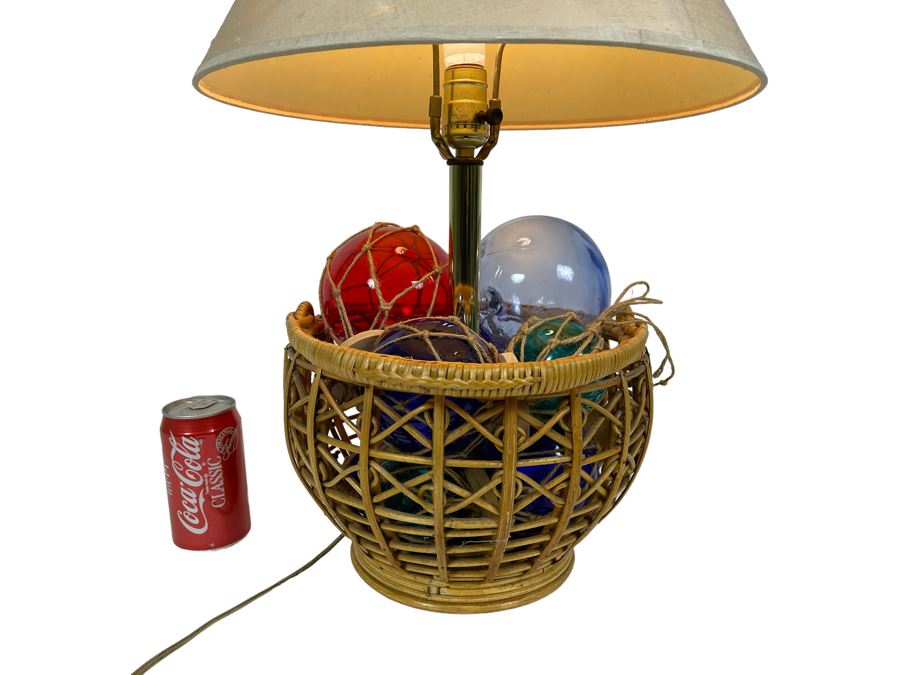 Vintage Rattan Basket Table Lamp Filled With Glass Fishing Floats 24H
