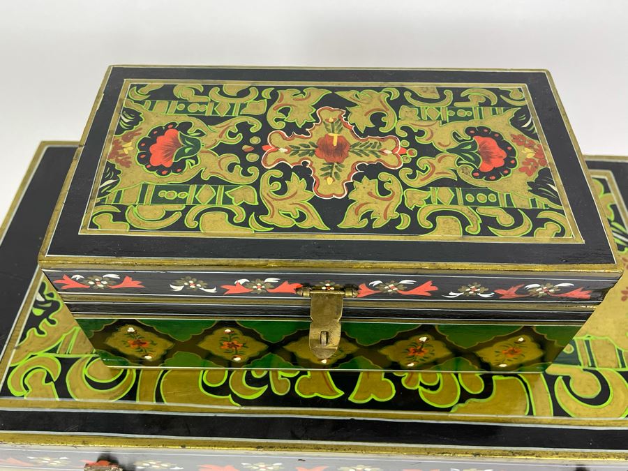 Pair Of Hand Painted Wooden Boxes From India Larger Box Measures 20W X 9.5D X 12H [Photo 7]