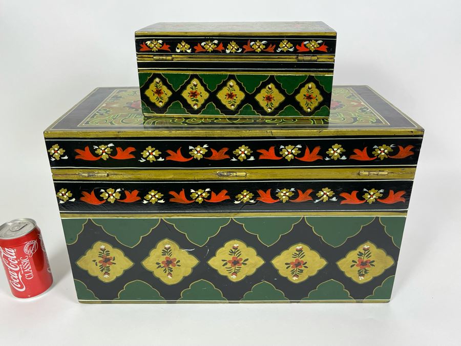 Pair Of Hand Painted Wooden Boxes From India Larger Box Measures 20W X 9.5D X 12H [Photo 11]