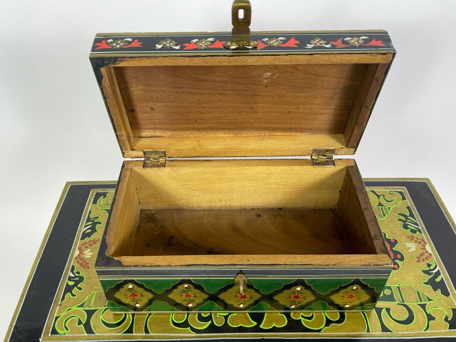 Pair Of Hand Painted Wooden Boxes From India Larger Box Measures 20W X 9.5D X 12H [Photo 8]
