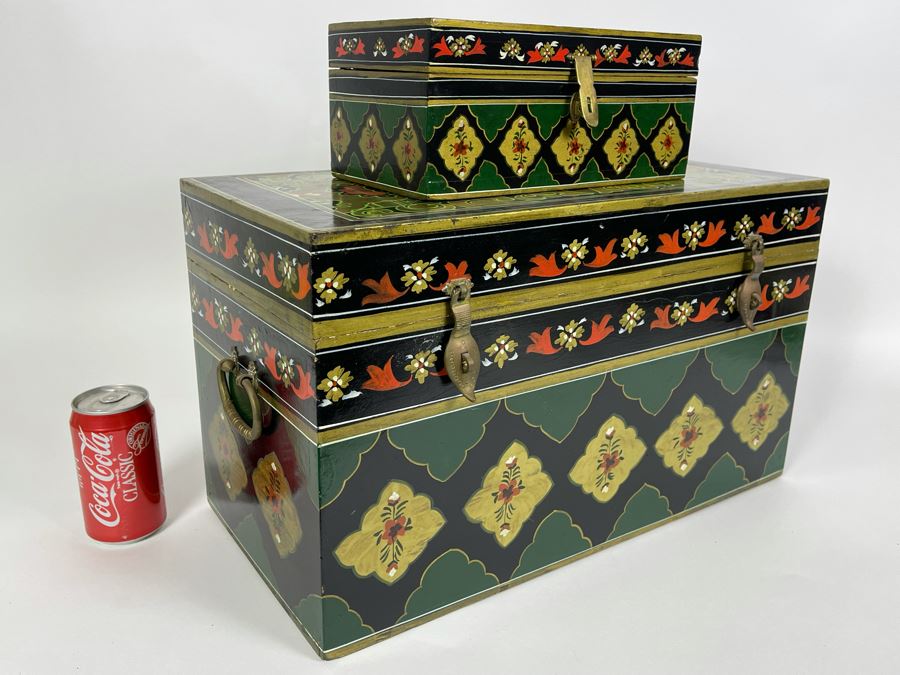 Pair Of Hand Painted Wooden Boxes From India Larger Box Measures 20W X 9.5D X 12H [Photo 9]