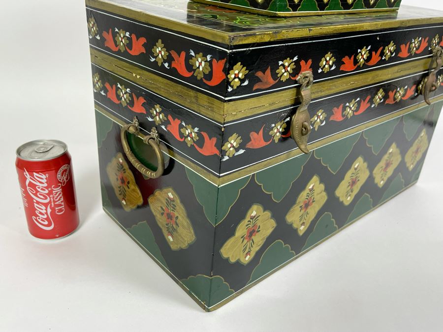 Pair Of Hand Painted Wooden Boxes From India Larger Box Measures 20W X 9.5D X 12H [Photo 10]