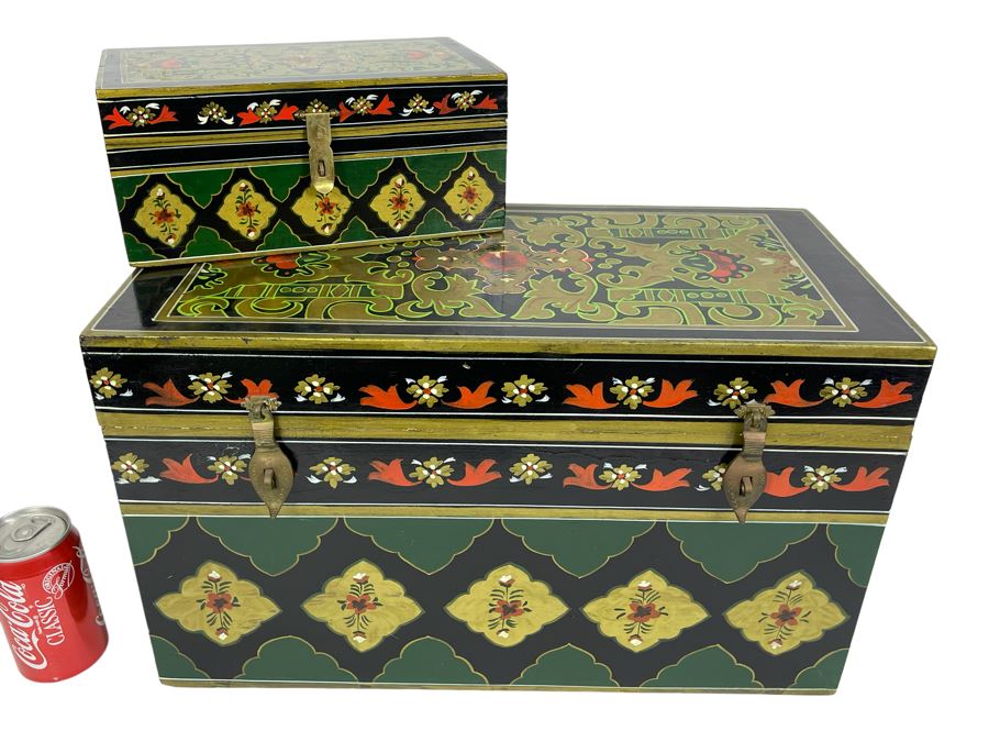 Pair Of Hand Painted Wooden Boxes From India Larger Box Measures 20W X 9.5D X 12H