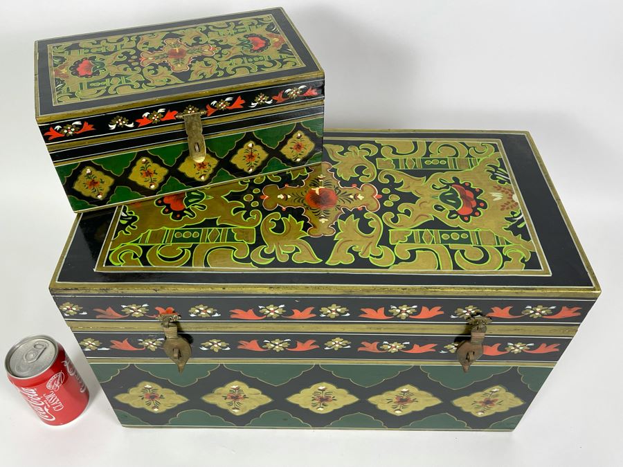 Pair Of Hand Painted Wooden Boxes From India Larger Box Measures 20W X 9.5D X 12H [Photo 5]