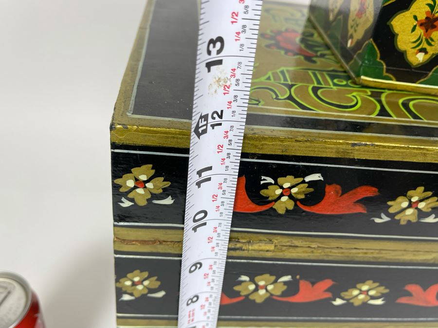 Pair Of Hand Painted Wooden Boxes From India Larger Box Measures 20W X 9.5D X 12H [Photo 14]
