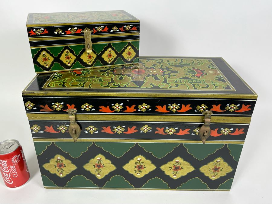 Pair Of Hand Painted Wooden Boxes From India Larger Box Measures 20W X 9.5D X 12H [Photo 3]