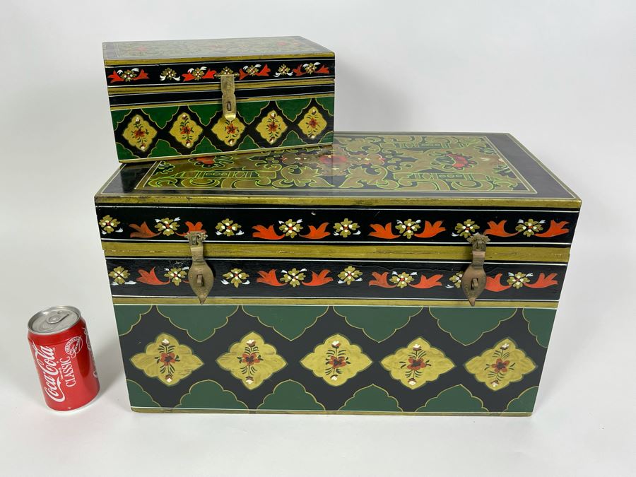 Pair Of Hand Painted Wooden Boxes From India Larger Box Measures 20W X 9.5D X 12H [Photo 4]